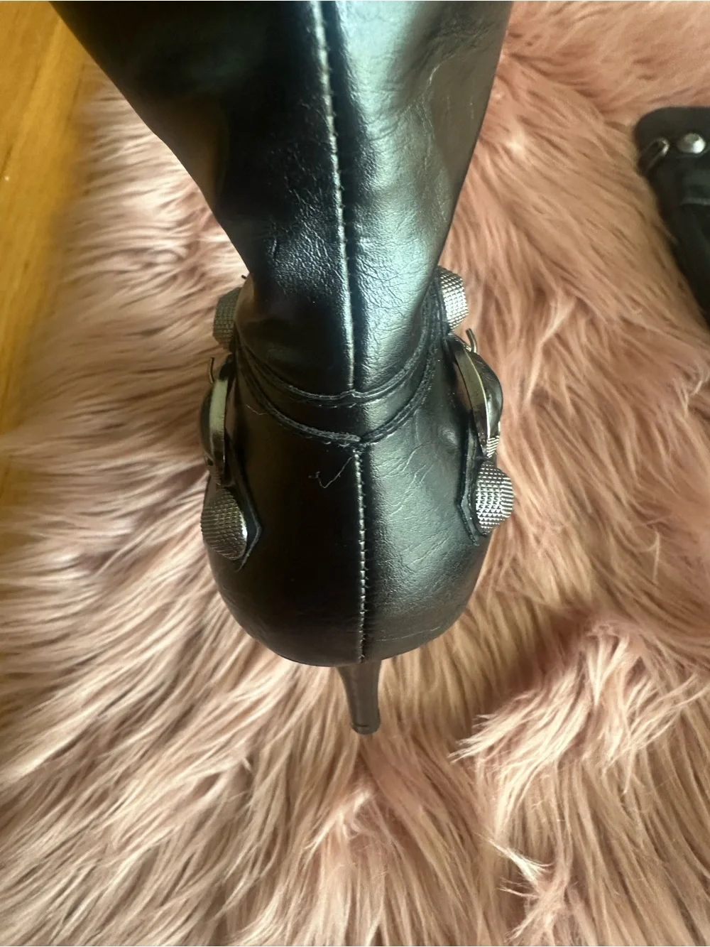 Women's Black Pointed-Toe Knee Boots with Decorative Straps